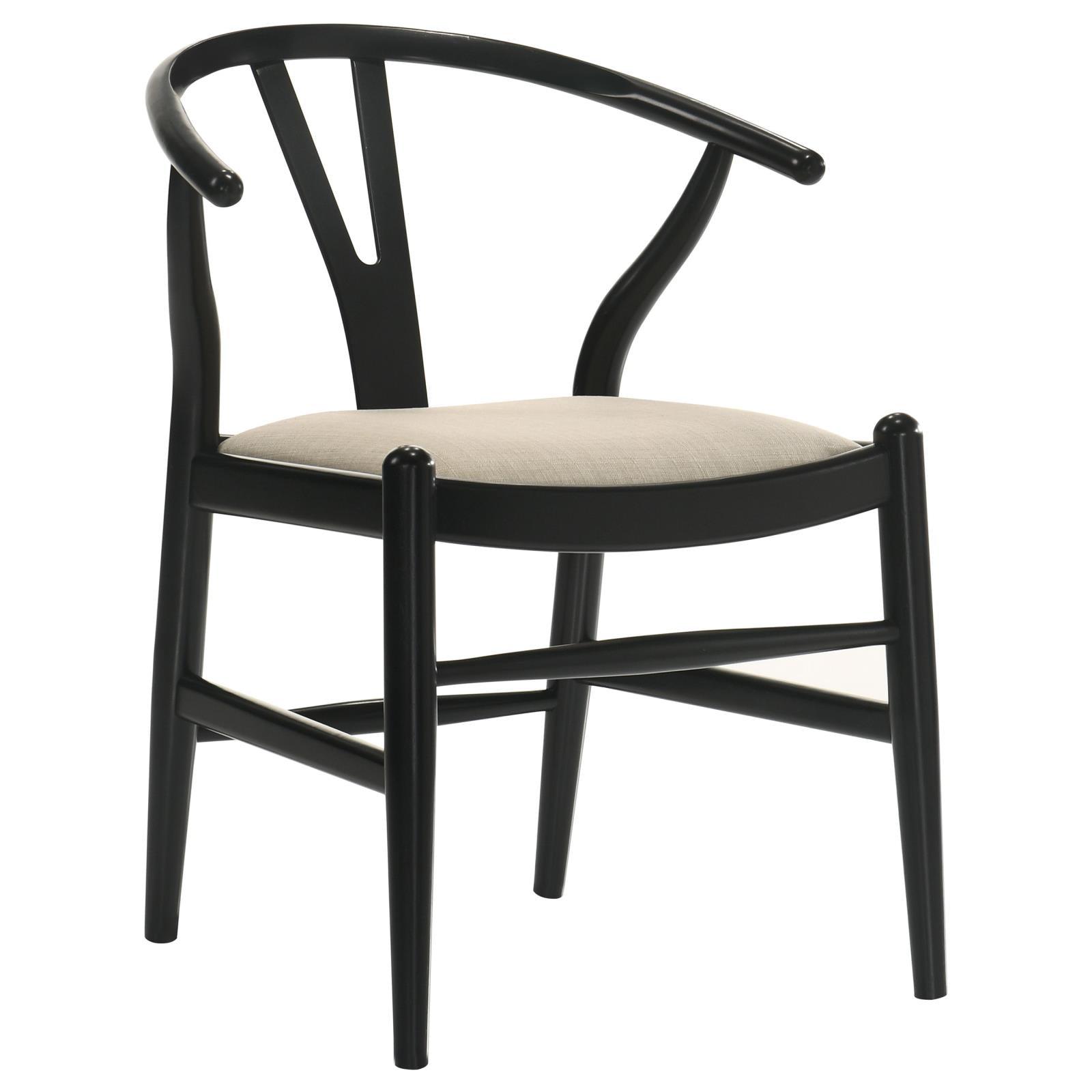 Close-up of beige fabric upholstered seat cushion and black hardwood frame