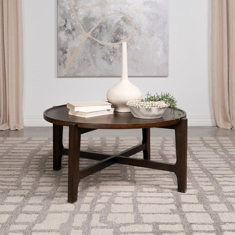 Cota Round Solid Wood Coffee Table dark brown side view