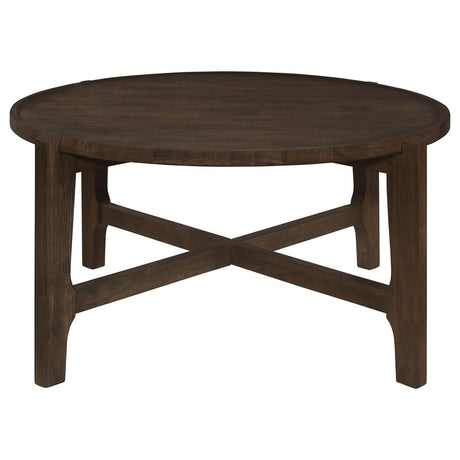 Close-up of Cota Round Solid Wood Coffee Table dark brown finish