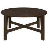 Underside view of Cota Round Solid Wood Coffee Table dark brown legs