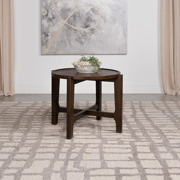 Cota Round Solid Wood End Table Dark Brown angled side view