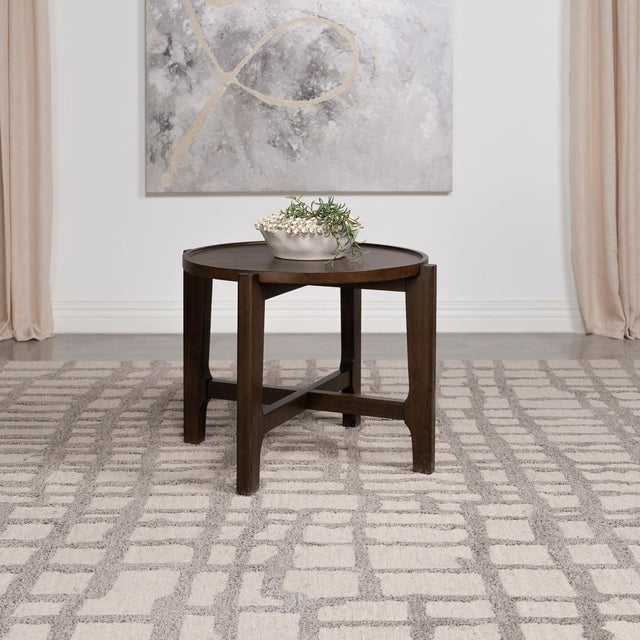 Cota Round Solid Wood End Table Dark Brown angled side view