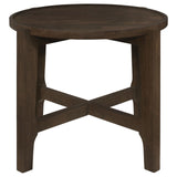 Close-up of the dark brown wood grain on Cota round end table