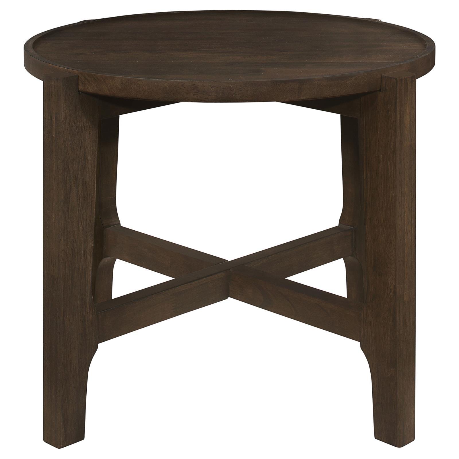 Close-up of the dark brown wood grain on Cota round end table