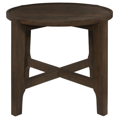 Close-up of the dark brown wood grain on Cota round end table