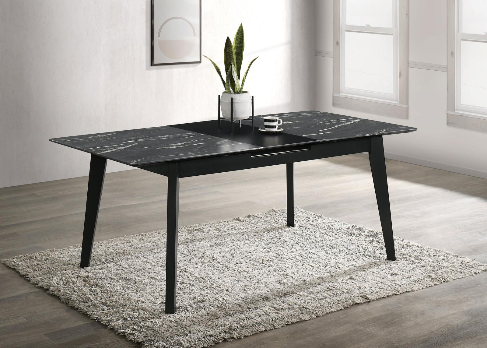 Crestmont dining table showing fin-style legs and recessed apron