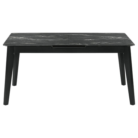 Crestmont dining table close-up of faux marble top
