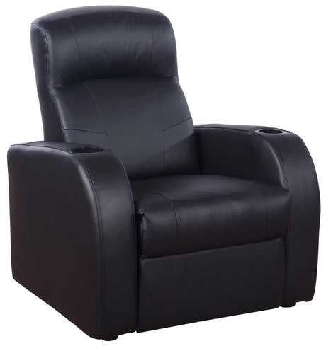 Cyrus 7-piece upholstered leather home theater seating angled side view
