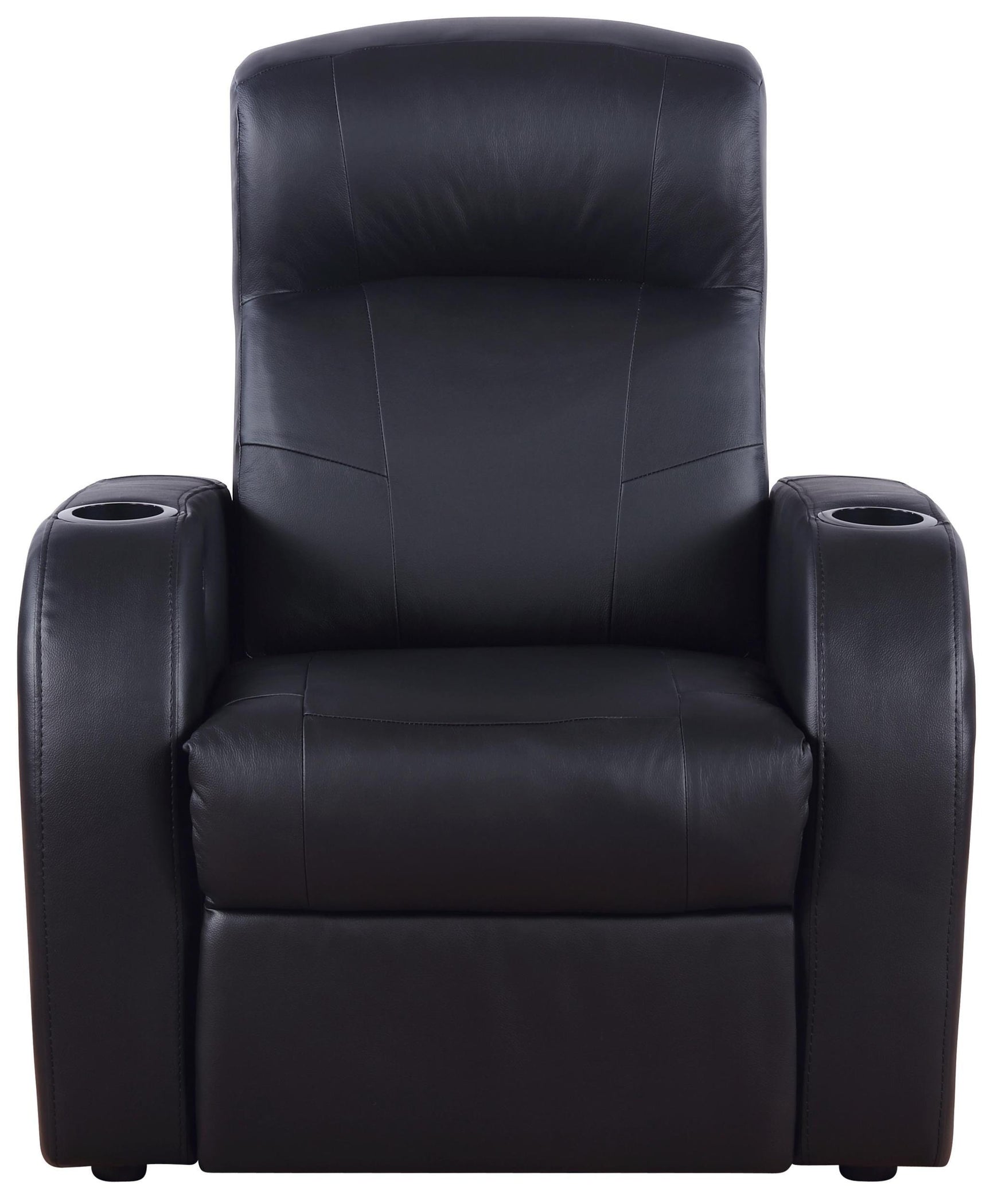 Close-up of black top grain leather recliner arm with cup holder