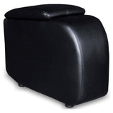 Black upholstered home theater storage wedge console with rounded top surface
