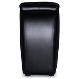 Black upholstered home theater storage wedge console with rounded top surface