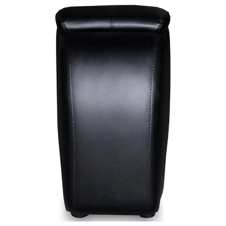 Black upholstered home theater storage wedge console with rounded top surface