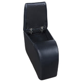 Black upholstered home theater storage wedge console with rounded top surface