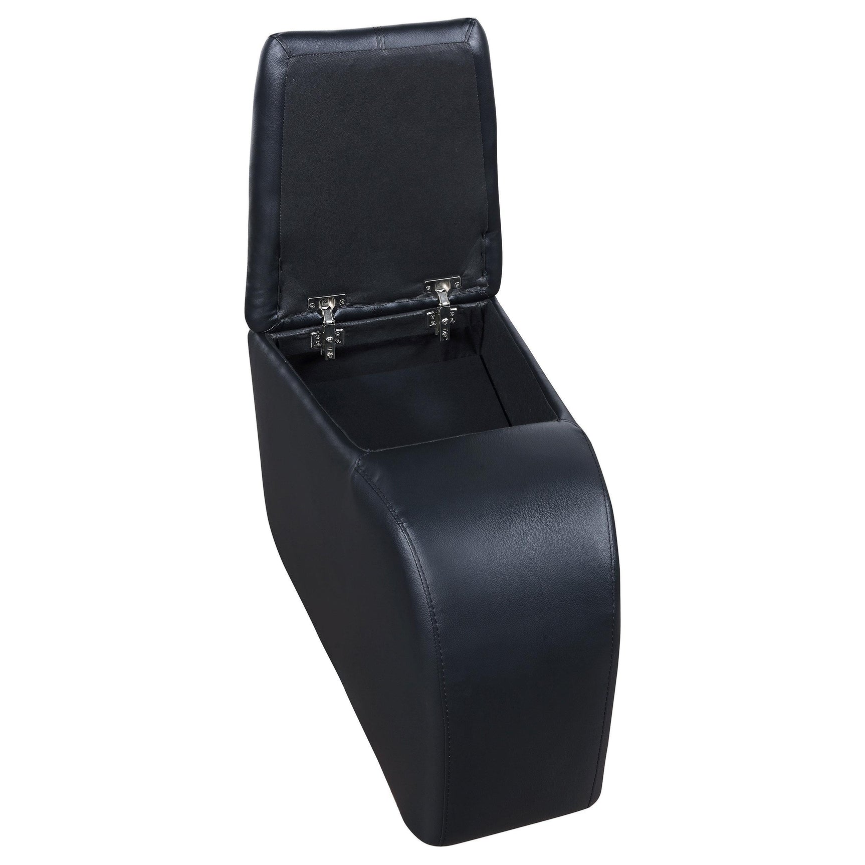 Black upholstered home theater storage wedge console with rounded top surface