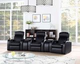 Black upholstered home theater storage wedge console with rounded top surface