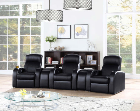 Black upholstered home theater storage wedge console with rounded top surface