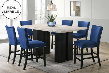 Front view of Valentino Blue Marble Top Dining Room Set with marble table and chairs