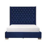 Jacklyn Blue king panel bed in tufted blue faux leather side angle