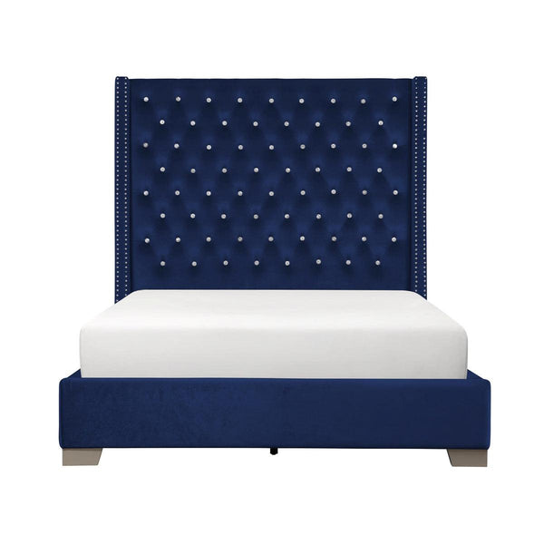Jacklyn Blue king panel bed in tufted blue faux leather side angle