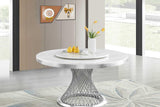 Side view of Unico white metal legs and chrome chair