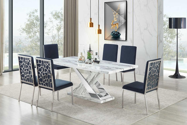 D610 Viva white chrome marble-like dining table angled front view
