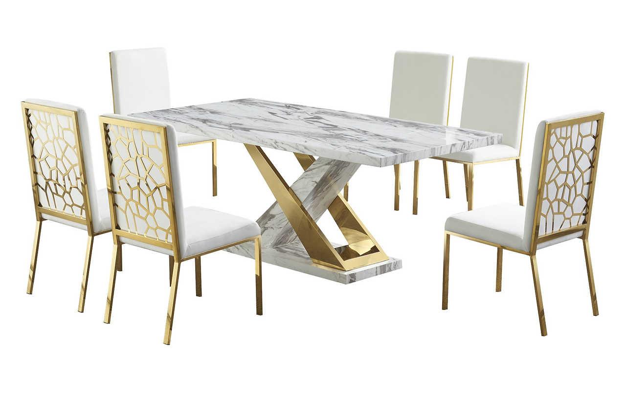Viva white and gold dining table, full top view