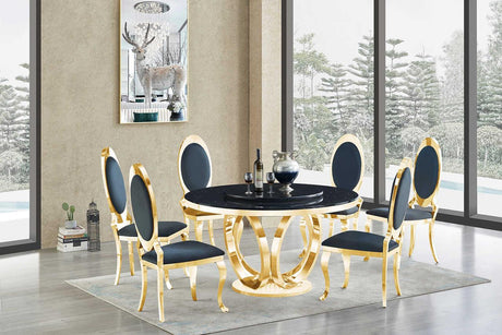 Maxi dining table round black and gold marble-look top front angle