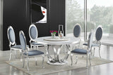 D615 Maxi white marble-like round dining table with chrome legs, angled view