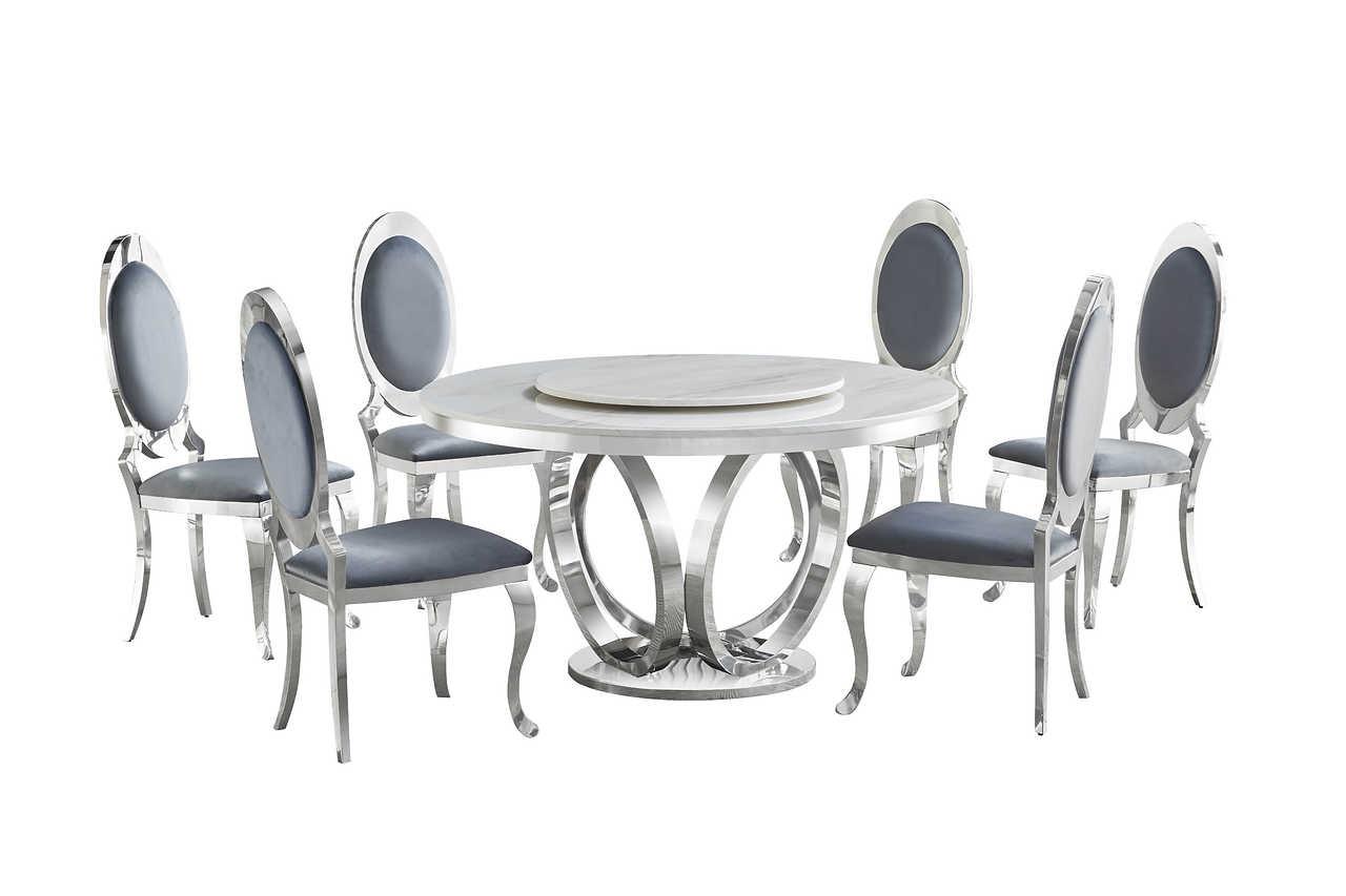 Round D615 Maxi dining table white top with chrome base, setting