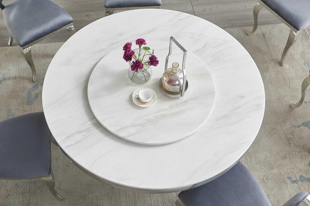 D615 Maxi white marble-like round dining table with chrome frame