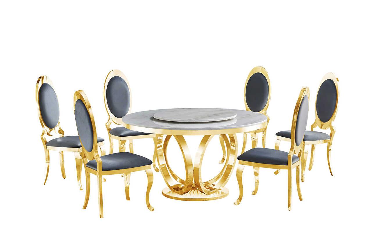 Close-up of white marble-like tabletop with gold accents