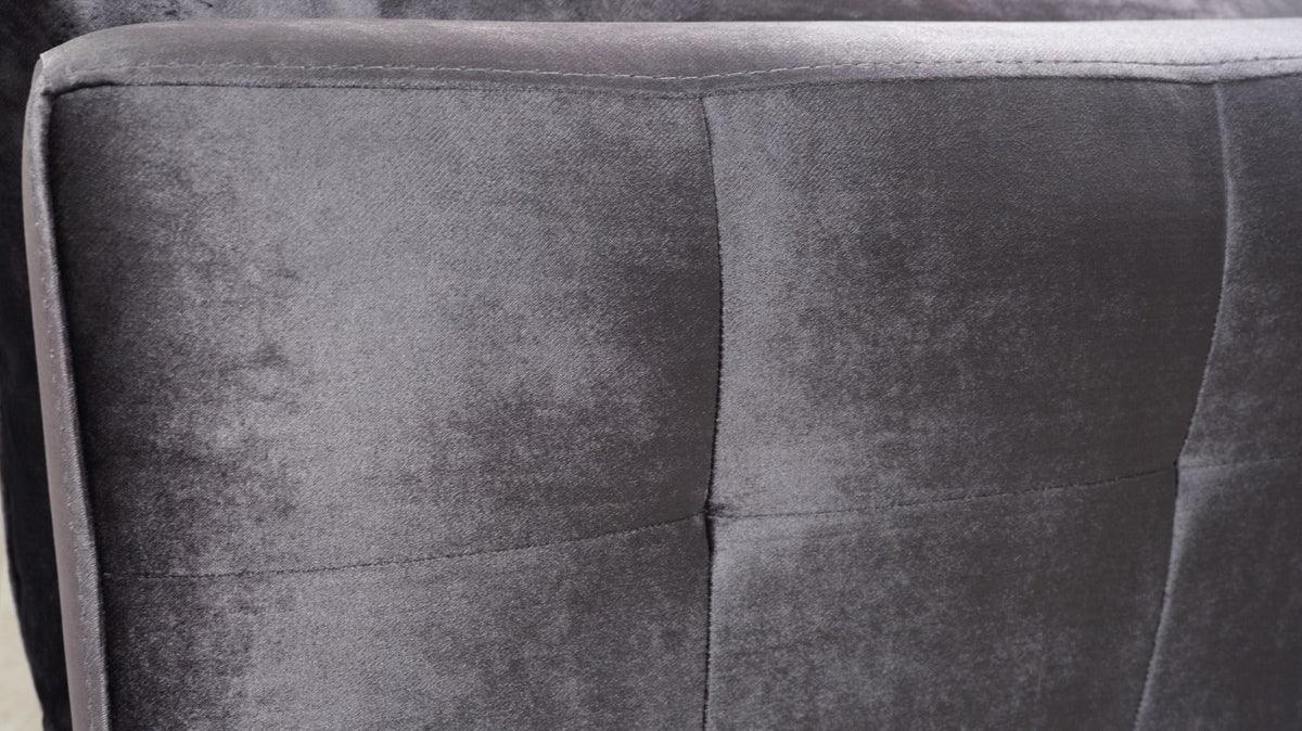Front angled view of Skylar gray velvet loveseat and sofa