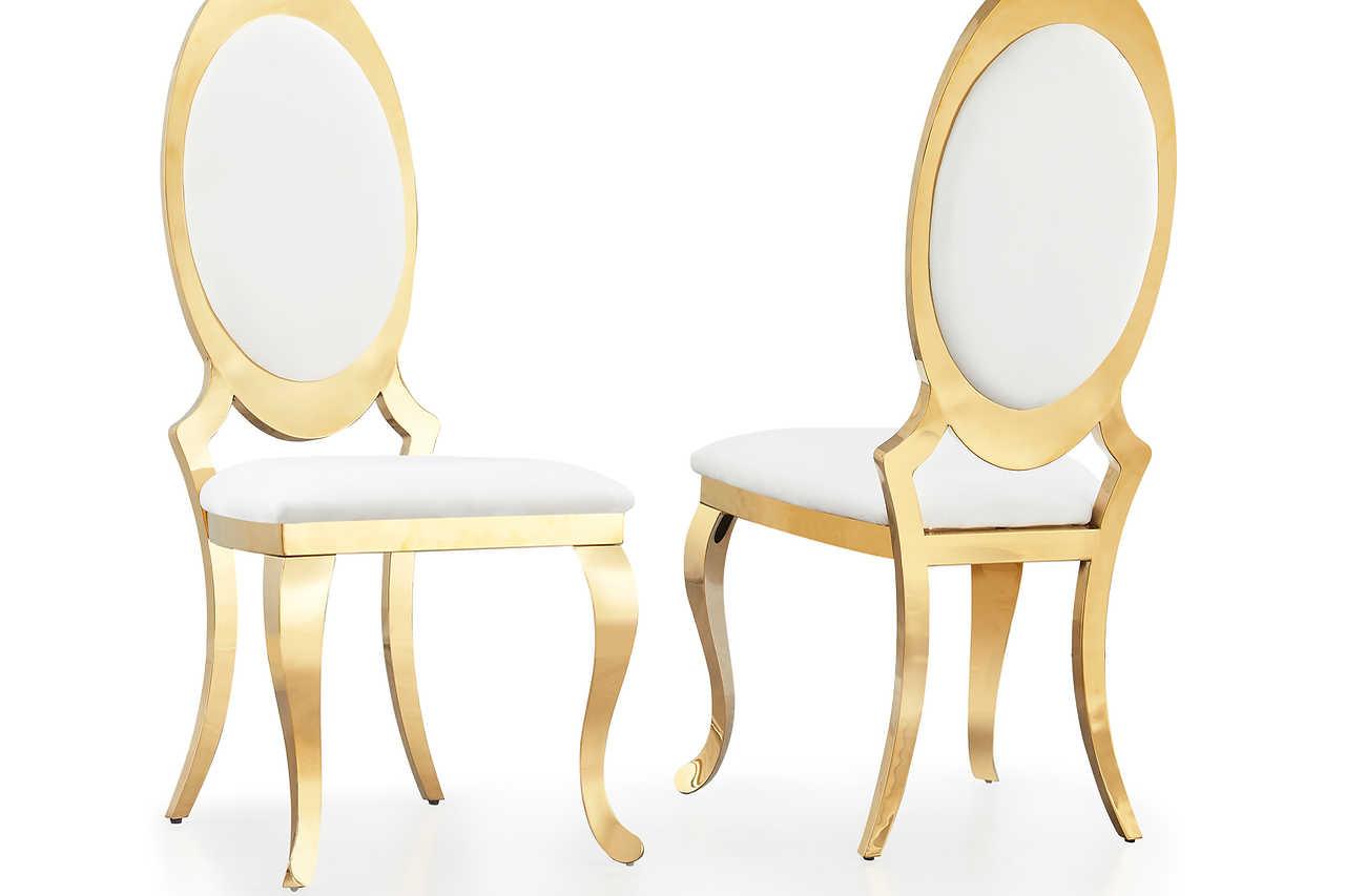 Cream velvet oval dining chair with gold base close-up