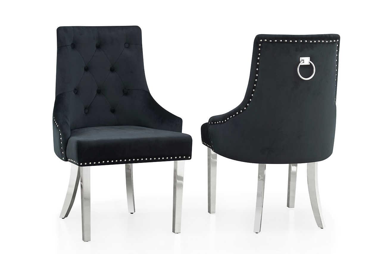 Havana grey velvet dining chair with chrome legs angled view