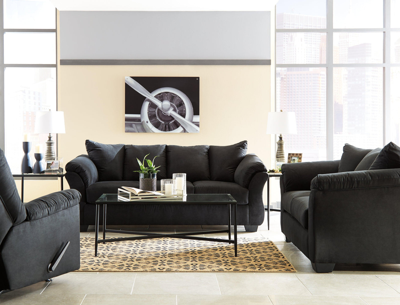 Darcy Black Sofa, Loveseat And Recliner - Ella Furniture