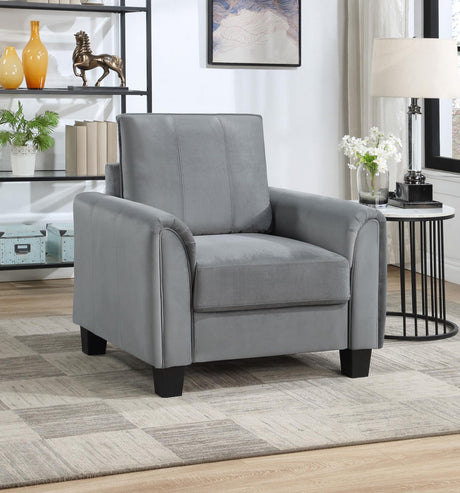 Grey Davis accent chair side view showing rolled arm
