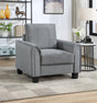 Grey Davis accent chair side view showing rolled arm