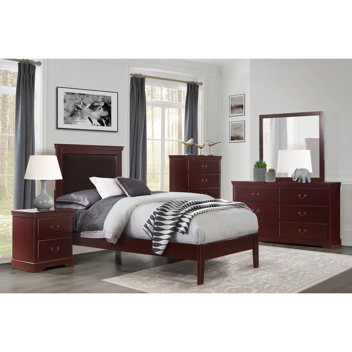 Close-up of brown faux leather upholstered headboard panel