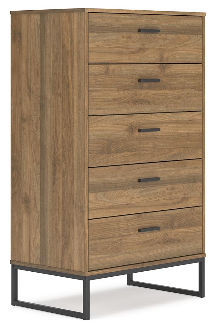 Deanlow Honey Chest of Drawers side angle showing metal legs