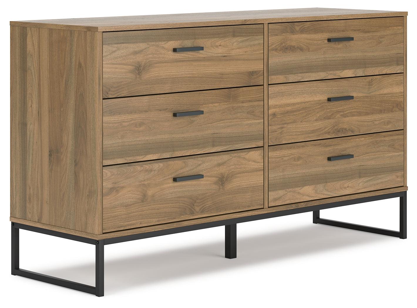 Side angle of Deanlow Honey dresser showing metal legs