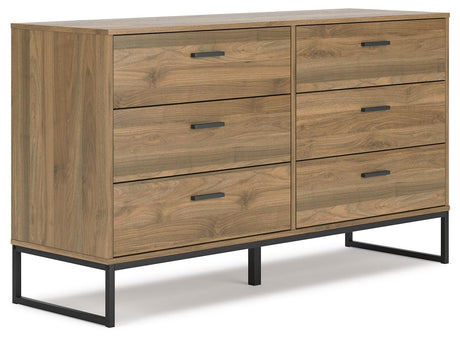 Side angle of Deanlow Honey dresser showing metal legs