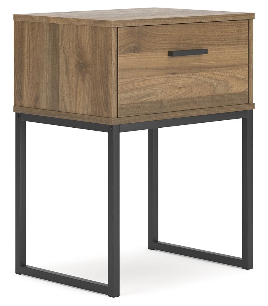 Deanlow Honey Nightstand side angle highlighting metal legs