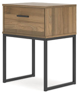 Deanlow Honey Nightstand drawer open with vinyl-lined interior