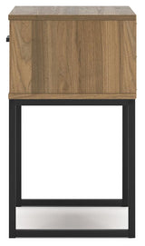 Nightstand profile showcasing honey finish and slender metal legs