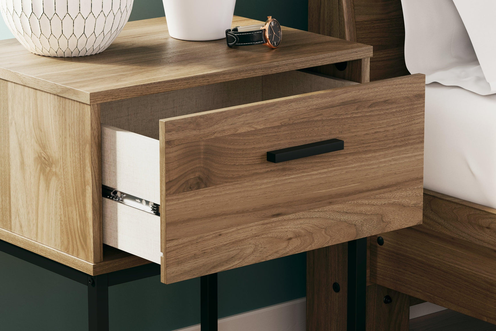 Deanlow Nightstand full view in styled bedroom setting