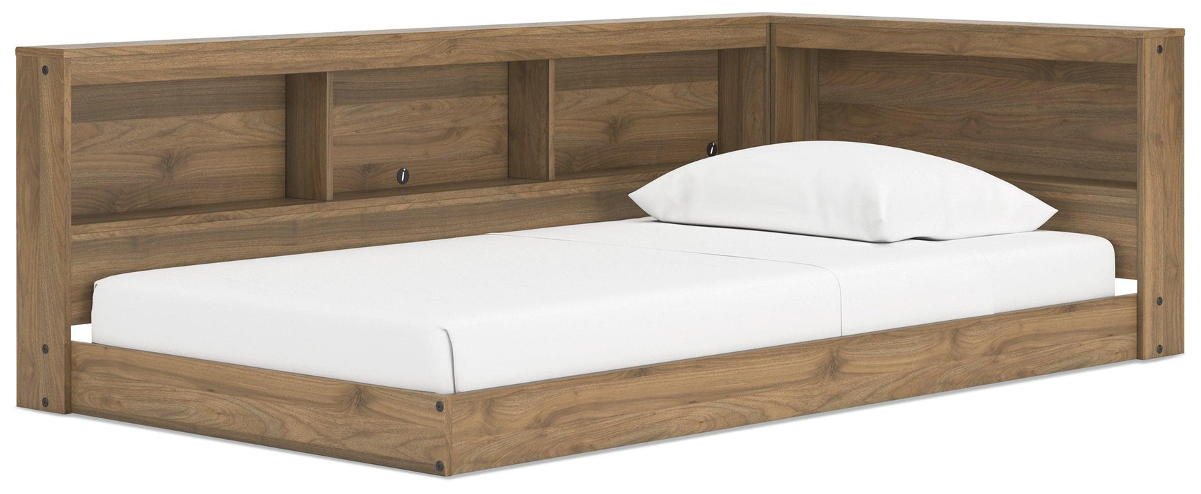 Deanlow Honey Twin Bookcase Storage Bed side view showing footboard storage