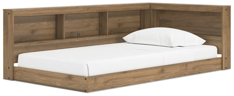 Deanlow Honey Twin Bookcase Storage Bed side view showing footboard storage