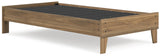 Close-up of honey brown laminate on platform bed