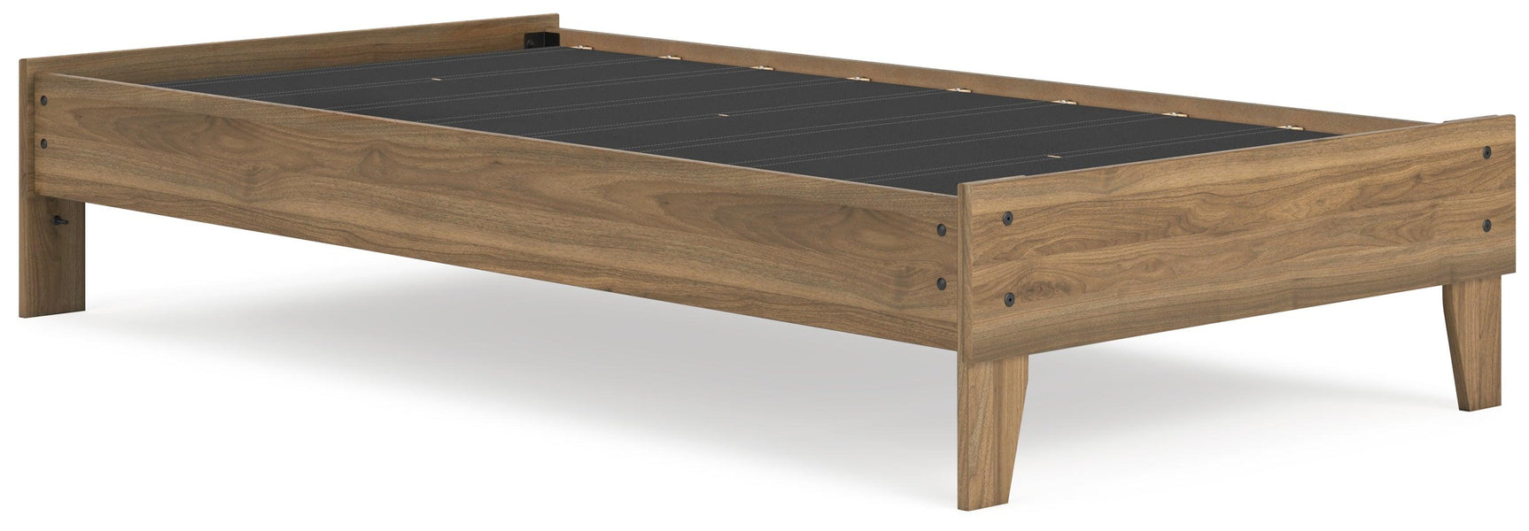 Close-up of honey brown laminate on platform bed