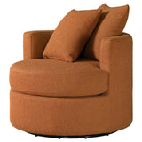 Close-up of burnt orange fabric upholstery on Debbie swivel chair